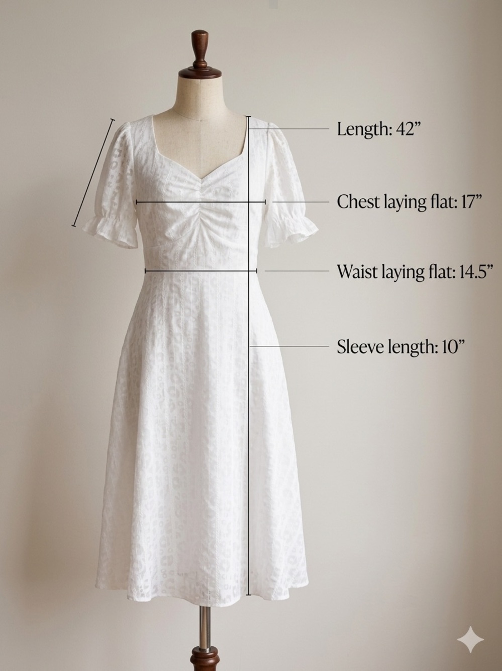 Ruched Bodice White Midi Dress w/Puff Sleeves Size M Romantic Prairie Ladylike